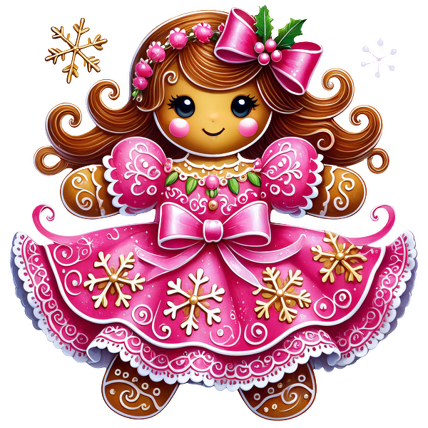 A delightful gingerbread girl in a pink dress adorned with snowflakes, complete with a bow and festive decorations.DTF Transfers dtf transfers