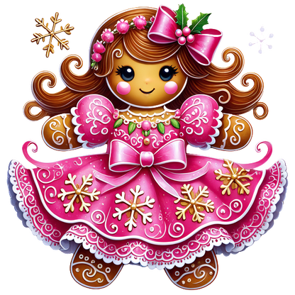 A delightful gingerbread girl in a pink dress adorned with snowflakes, complete with a bow and festive decorations.DTF Transfers dtf transfers