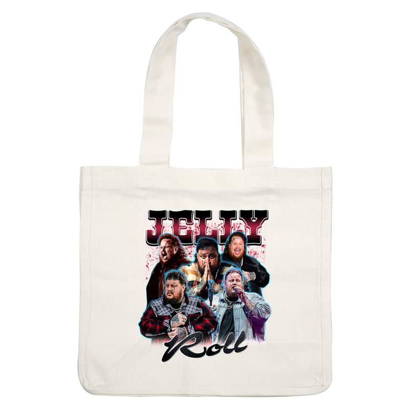 A vibrant collage featuring multiple expressive images of Jelly Roll, showcasing his dynamic performance style and distinctive tattoos.DTF Transfers heat press transfers