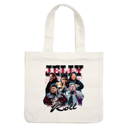 A vibrant collage featuring multiple expressive images of Jelly Roll, showcasing his dynamic performance style and distinctive tattoos.DTF Transfers heat press transfers