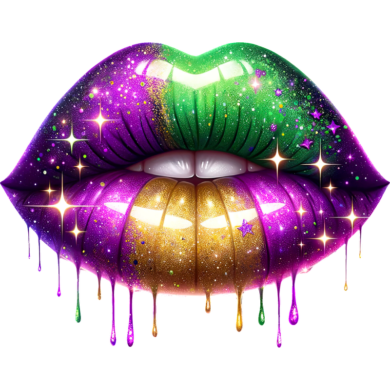 A dazzling close-up of lips adorned in vibrant green, purple, and gold glitter, dripping with shimmering colors and sparkles.DTF Transfers