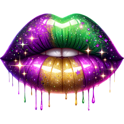 A dazzling close-up of lips adorned in vibrant green, purple, and gold glitter, dripping with shimmering colors and sparkles.DTF Transfers