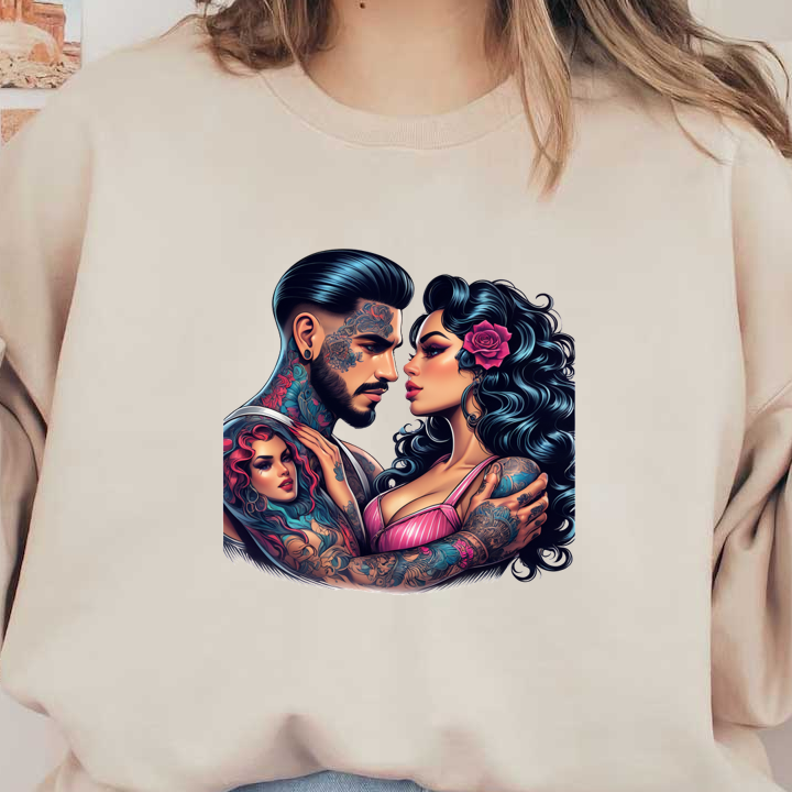 A vibrant tattoo-inspired illustration of a couple embracing, surrounded by intricate designs, showcasing their love and individuality.DTF Transfers heat press transfers