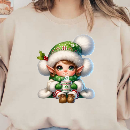 A cheerful elf in a festive green hat and scarf enjoys a warm drink, embodying the holiday spirit.DTF Transfers heat press transfers