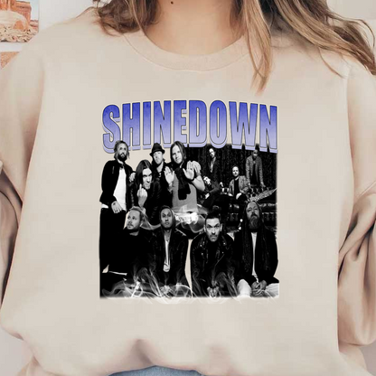 A stylish black and white image featuring the rock band Shinedown, showcasing their members in a dramatic and artistic pose.DTF Transfers heat press transfers