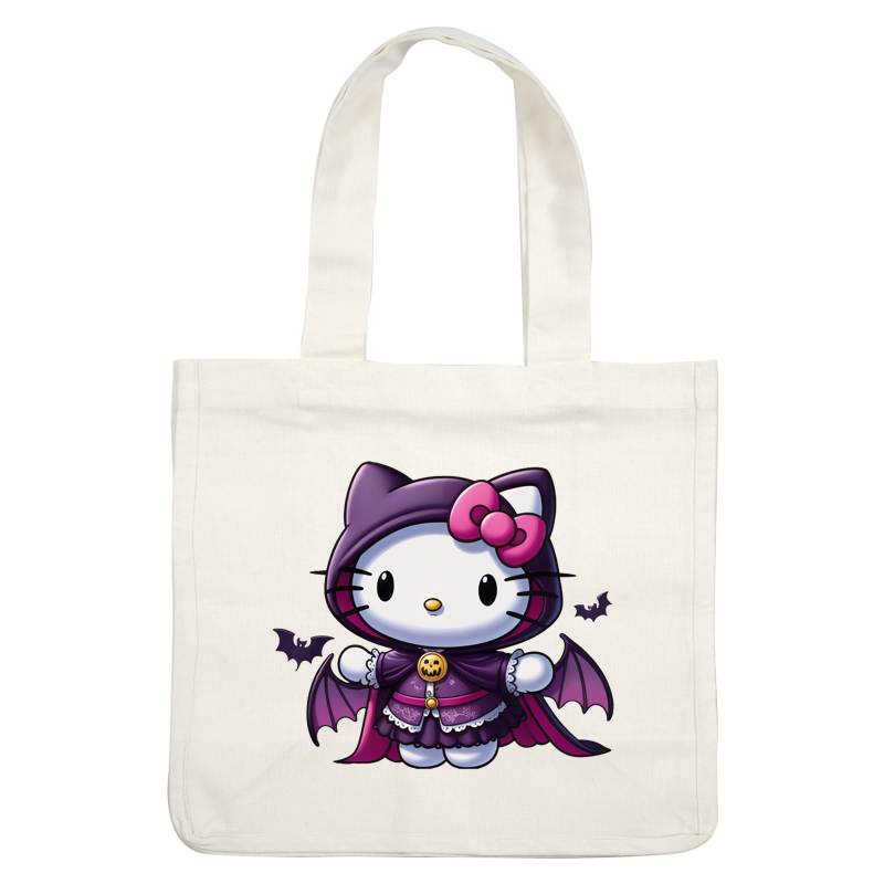 Celebrate Halloween with this adorable Hello Kitty in a purple cape, complete with bat wings and a cute bow!DTF Transfers dtf prints