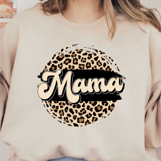 A stylish, leopard print graphic design featuring the word "Mama" in bold, playful lettering on a circular background. dtf transfers