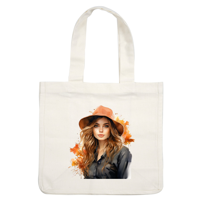 A beautiful portrait of a woman with long, wavy hair, wearing an orange hat and a black shirt, surrounded by autumn leaves.dtf regular iron