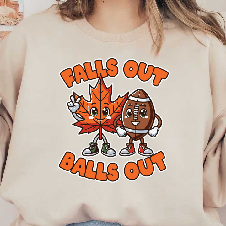 Un alegre diseño de dibujos animados que presenta una hoja sonriente y una pelota de fútbol, ​​con el texto divertido "Falls Out, Balls Out".