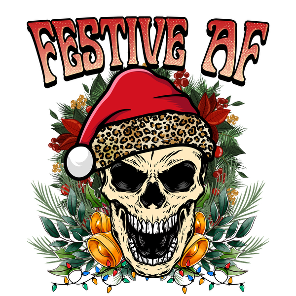 A bold and playful holiday-themed graphic featuring a smiling skull in a Santa hat adorned with leopard print, surrounded by festive greenery. dtf transfers dtf transfers