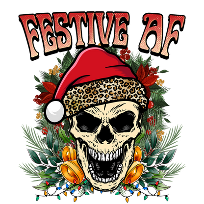 A bold and playful holiday-themed graphic featuring a smiling skull in a Santa hat adorned with leopard print, surrounded by festive greenery. dtf transfers dtf transfers