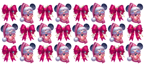 A festive collection of cute, pink-clad Santa-themed icons with bows, perfect for holiday decorations or designs.UV Transfers heat press transfers