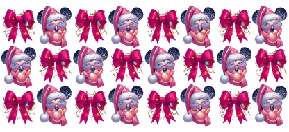 A festive collection of cute, pink-clad Santa-themed icons with bows, perfect for holiday decorations or designs.UV Transfers heat press transfers