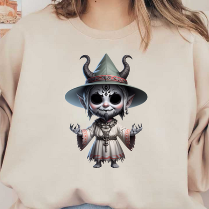 Una figura de personaje caprichosa con un sombrero con cuernos, símbolos místicos y una sonrisa inquietante, vestido con una túnica suelta.