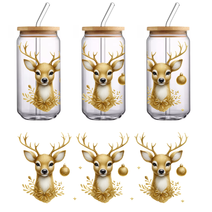 Charming golden deer heads adorned with antlers and festive ornaments, perfect for adding a whimsical touch to holiday decor.UV Transfers dtf prints