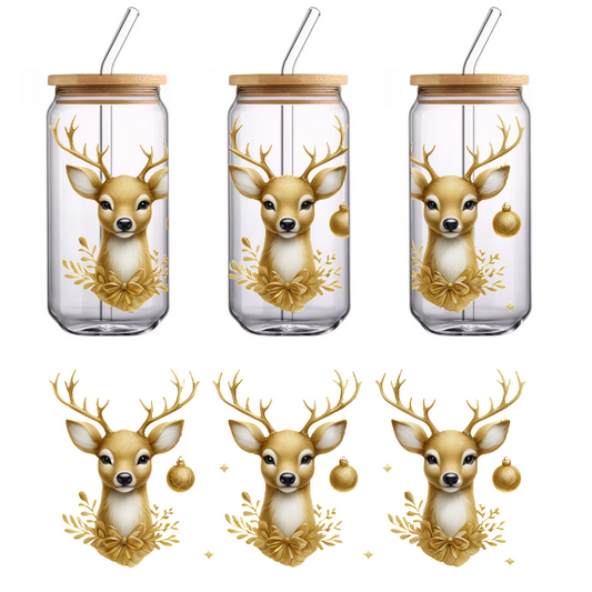 Charming golden deer heads adorned with antlers and festive ornaments, perfect for adding a whimsical touch to holiday decor.UV Transfers dtf prints