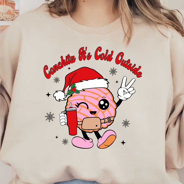 A cheerful cartoon character wearing a Santa hat, holding a drink, with the text "Conchita It's Cold Outside" above it.DTF Transfersdtf regular iron