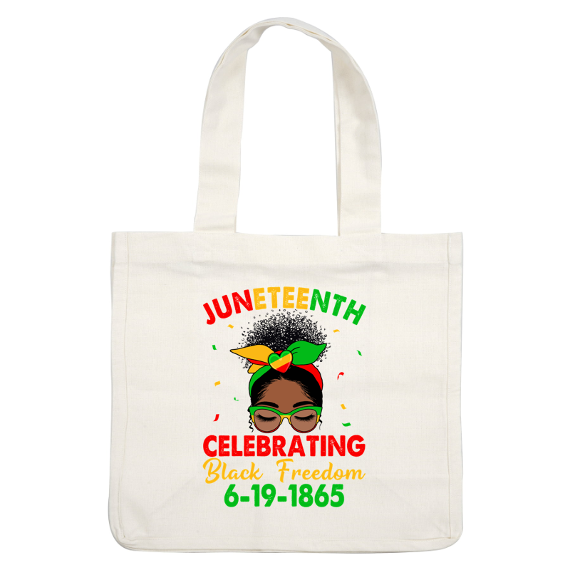 Colorful Juneteenth design celebrating Black freedom with a stylish woman wearing glasses and a vibrant head wrap, dated 6-19-1865. heat press transfers