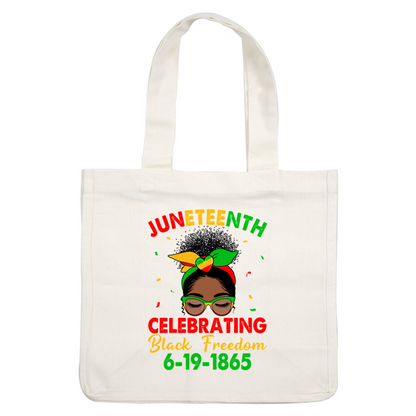 Colorful Juneteenth design celebrating Black freedom with a stylish woman wearing glasses and a vibrant head wrap, dated 6-19-1865. heat press transfers