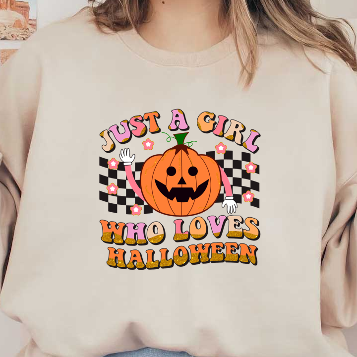 Un divertido gráfico de Halloween con una calabaza sonriente y el texto "Solo una chica que ama Halloween".