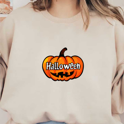 A vibrant Halloween-themed pumpkin graphic featuring bold lettering and a playful face, perfect for festive decorations. heat press transfers