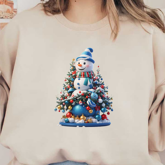 Festive Christmas decoration featuring a cheerful snowman adorned with a colorful scarf, surrounded by vibrant ornaments and snowy accents.DTF Transfers dtf transfers