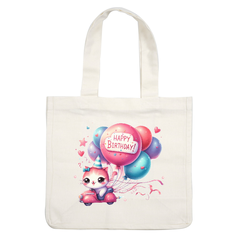A cute kitten wearing a party hat joyfully rides a toy car, holding colorful balloons that say "Happy Birthday!"DTF Transfers