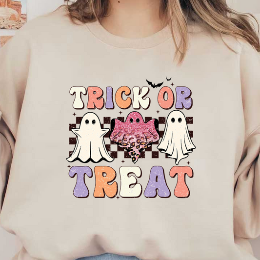 A festive "Trick or Treat" graphic featuring cute, sparkly ghosts in various styles, perfect for Halloween celebrations! dtf transfers