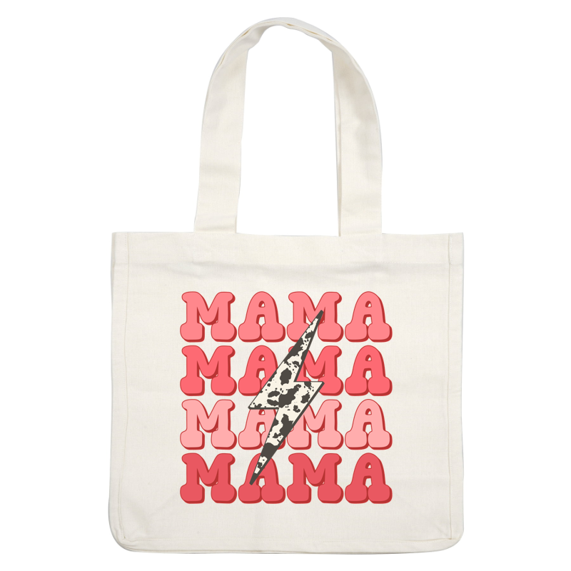 A playful design featuring the word "MAMA" in varying shades of pink, accented by a striking lightning bolt. heat press transfers