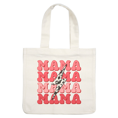 A playful design featuring the word "MAMA" in varying shades of pink, accented by a striking lightning bolt. heat press transfers