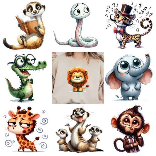 A collection of colorful cartoon animal stickers and a lion-themed t-shirt.DTF Transfers