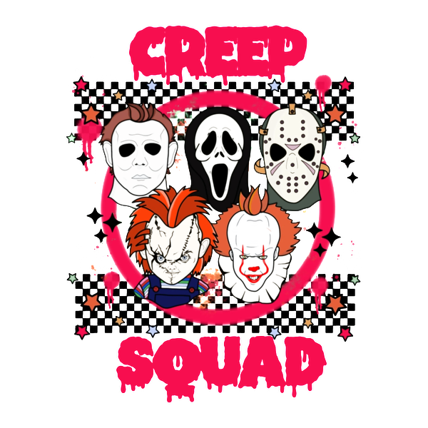 Un diseño vibrante que presenta personajes icónicos de películas de terror con el texto en negrita "Creep Squad" en un estilo divertido y colorido.