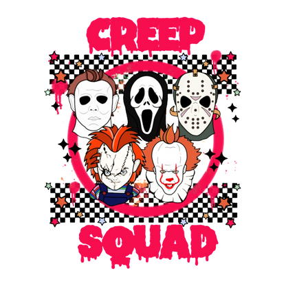 Un diseño vibrante que presenta personajes icónicos de películas de terror con el texto en negrita "Creep Squad" en un estilo divertido y colorido.