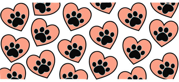 A playful pattern featuring pink hearts adorned with black paw prints on a black background, perfect for animal lovers!UV Transfersdtf regular iron