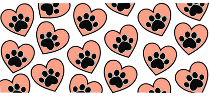 A playful pattern featuring pink hearts adorned with black paw prints on a black background, perfect for animal lovers!UV Transfersdtf regular iron