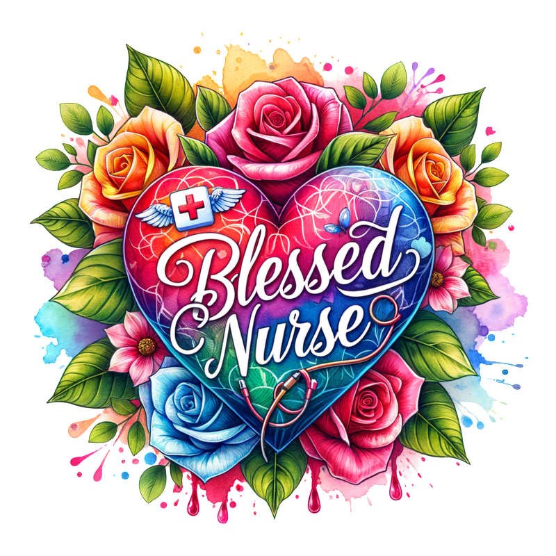 A vibrant, floral design featuring a heart with "Blessed Nurse" text and a stethoscope, celebrating the nursing profession.DTF Transfers