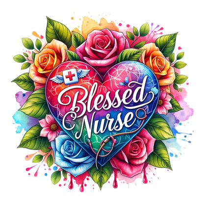 A vibrant, floral design featuring a heart with "Blessed Nurse" text and a stethoscope, celebrating the nursing profession.DTF Transfers