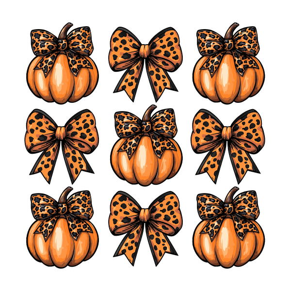 Una divertida colección de calabazas naranjas adornadas con lazos con estampado de leopardo, perfectas para la decoración de Halloween o de otoño.