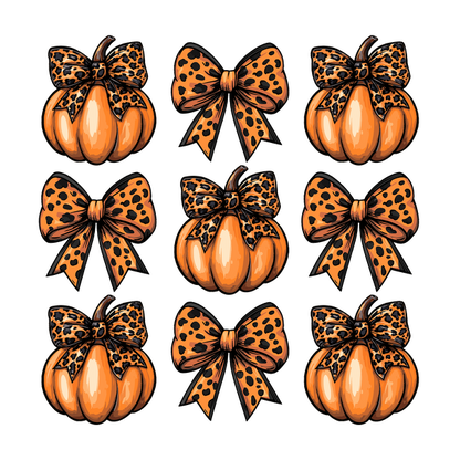 Una divertida colección de calabazas naranjas adornadas con lazos con estampado de leopardo, perfectas para la decoración de Halloween o de otoño.