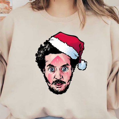 A festive character wearing a classic red Santa hat, radiating holiday cheer with curly hair peeking out.DTF Transfers heat press transfersdtf regular iron