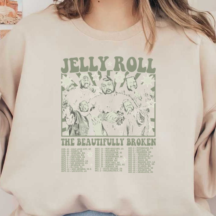 Afiche promocional de la gira "The Beautifully Broken" de Jelly Roll, con gráficos vibrantes y un cronograma de las fechas de la gira. Transferencias DTF