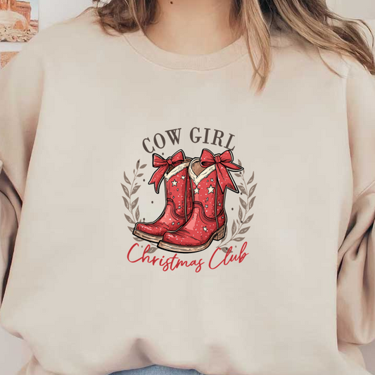 Festive red cowgirl boots adorned with bows and stars, surrounded by a wreath, perfect for the Christmas Club theme. heat press transfers