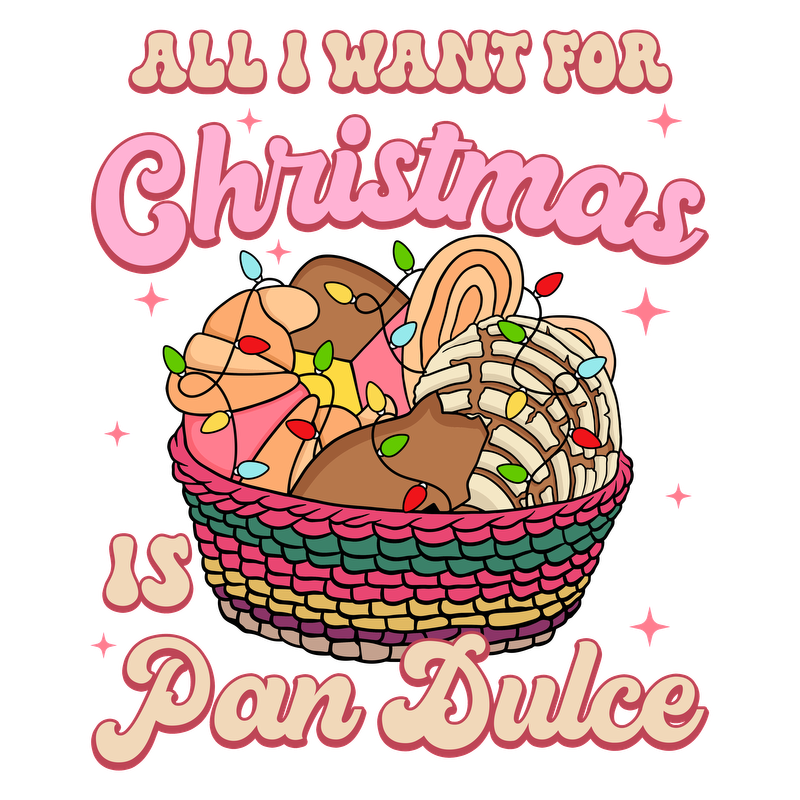 Celebrate the holiday season with a playful design featuring a basket of colorful pan dulce and cheerful holiday lights!DTF Transfers heat press transfers