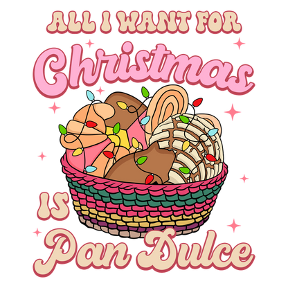 Celebrate the holiday season with a playful design featuring a basket of colorful pan dulce and cheerful holiday lights!DTF Transfers heat press transfers