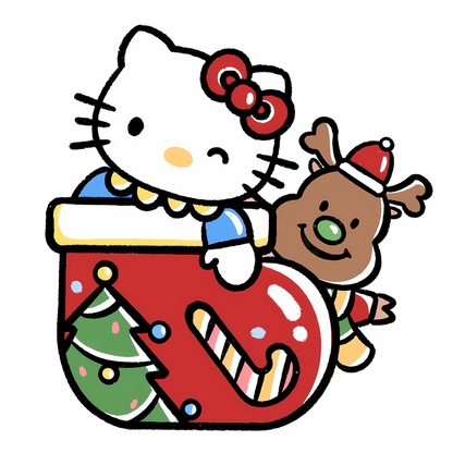 This adorable illustration features Hello Kitty and a cheerful reindeer in a festive red stocking, decorated with a Christmas tree and candy cane.DTF Transfers