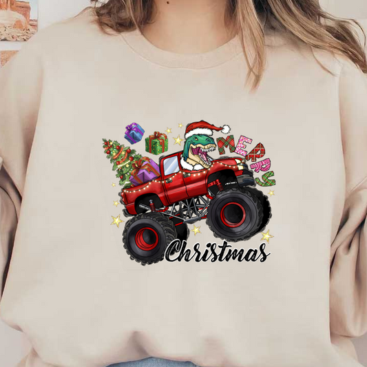 Celebrate the holidays with this festive design featuring a red monster truck, a dinosaur in a Santa hat, and Christmas gifts!DTF Transfers dtf transfers dtf transfers