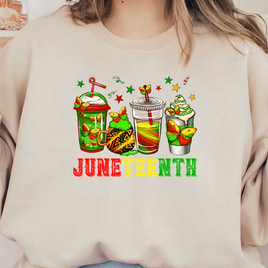 Celebrate Juneteenth with vibrant drink designs featuring colorful beverages and butterflies, showcasing joyous colors of red, green, and yellow.dtf regular iron