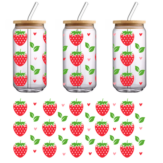 A vibrant pattern featuring red strawberries with green leaves, accented by small pink hearts against a black background.UV Transfers dtf transfers