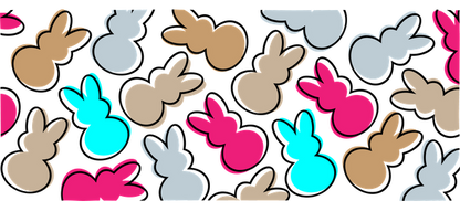 A playful pattern featuring colorful bunny silhouettes in shades of pink, blue, gray, and tan, perfect for festive designs.UV Transfersdtf regular iron