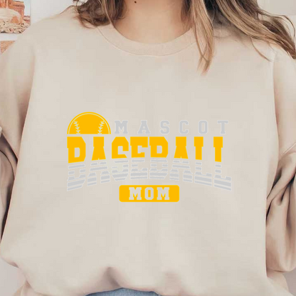 A vibrant graphic showcasing "Mascot Baseball Mom," featuring a softball design and bold lettering in yellow and gray.DTF Transfers dtf prints